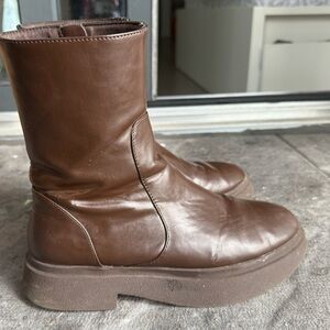 Zara Brown Leather Platform Ankle Boots